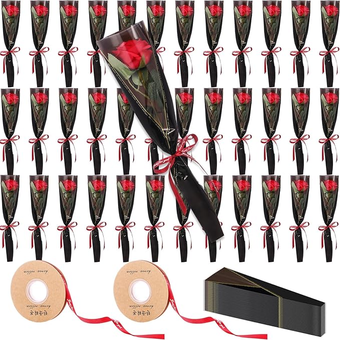Zeyune 36 Pack Mother's Single Rose with Sleeves Set, Artificial Red Roses Bulk with Flower Sleeves, Single Stem Flower Wr...