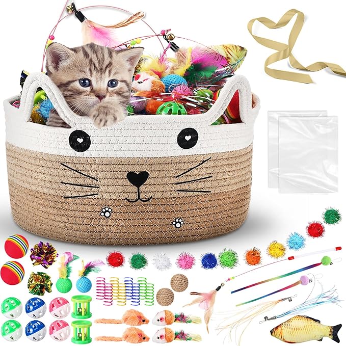 Zopeal 76 Pcs Mother's Day Cat Storage Basket Gift Toys Set Interactive Cat Toys Kitten Wand Colorful Flashing Balls Pet C...