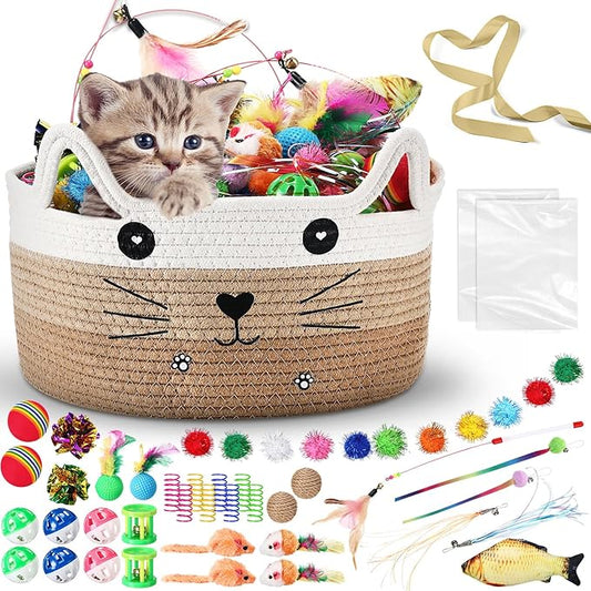 Zopeal 76 Pcs Mother's Day Cat Storage Basket Gift Toys Set Interactive Cat Toys Kitten Wand Colorful Flashing Balls Pet C...