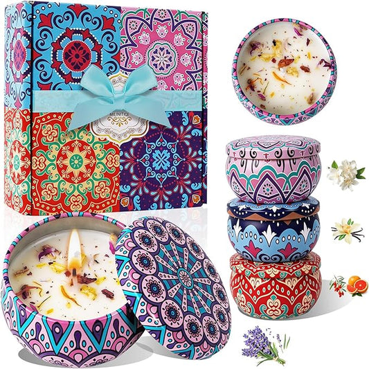 4 Pack Scented Candles for Mom, Aromatherapy Small Candles Gift Set with 8% Essential Oils, Natural Soy Candle with Floral...
