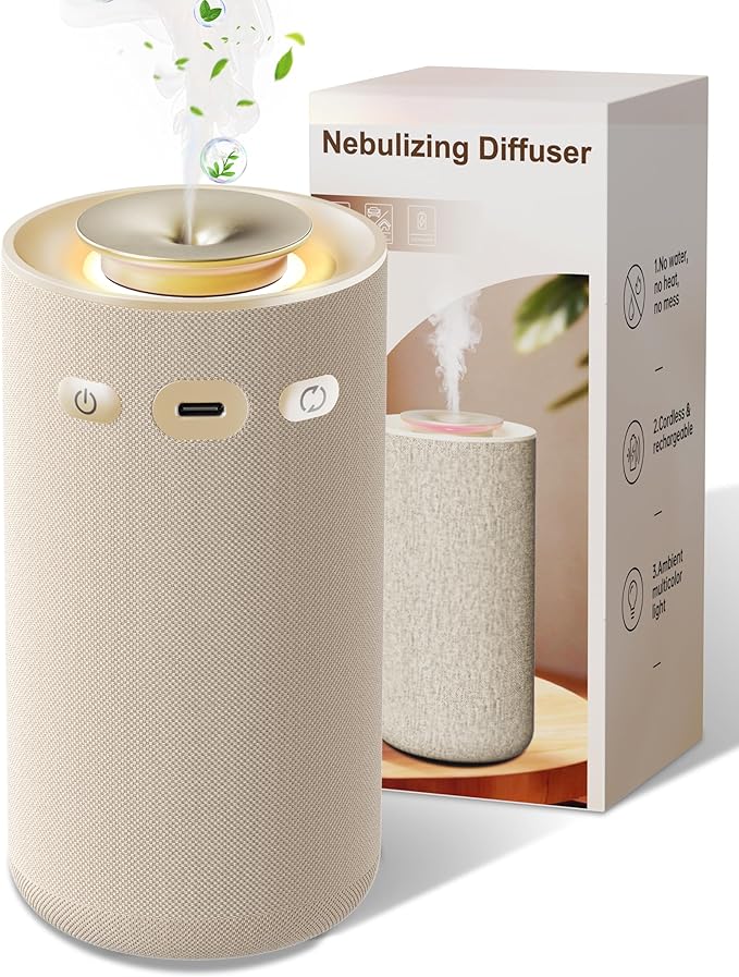 Waterless Essential Oil Diffuser,Portable Car Aromatherapy Diffuser,Rechargeable Cordless Scent Device with Fabric Design,...
