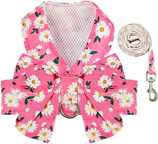 BAEJMJK Dog Harness and Leash Set with Bow Knot No Pull Pet Daisy Floral Harness with D-Ring Soft Mesh Dog Harness Vest Se...