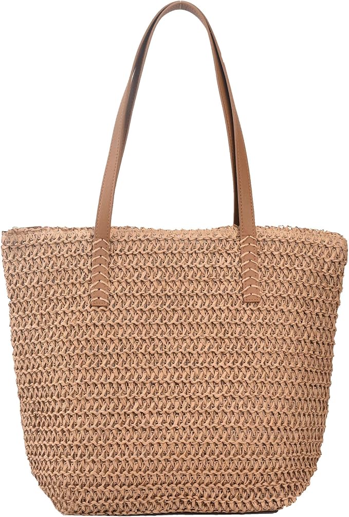 Kehpish Large Straw Shoulder Bag Summer Beach Bag for Women Straw Tote Bag Handbag With Zipper Summer Shoulder Bag