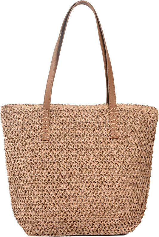 Kehpish Large Straw Shoulder Bag Summer Beach Bag for Women Straw Tote Bag Handbag With Zipper Summer Shoulder Bag