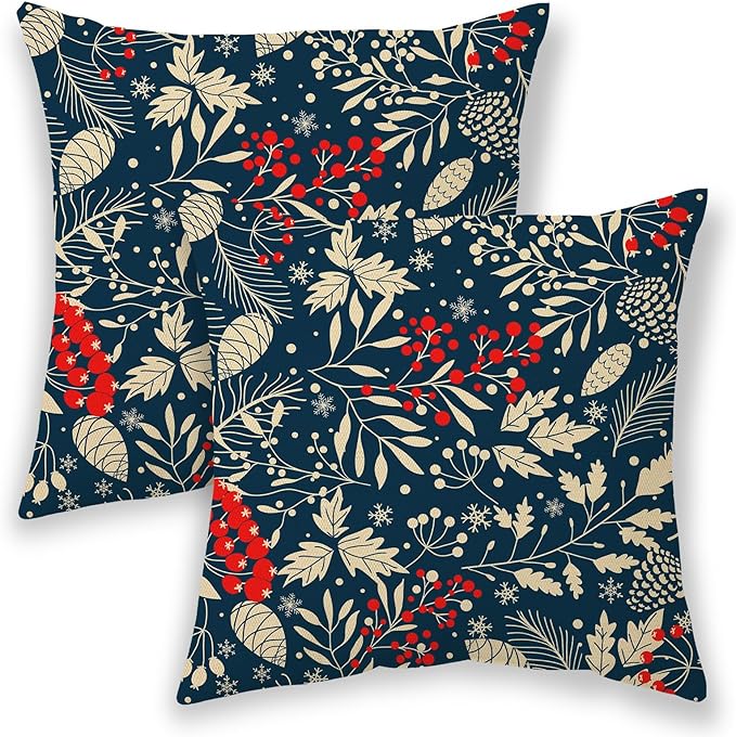 Christmas Pillow Covers 20x20 Inch 2 Pcs, Navy Blue Red Floral Decorative Throw Pillows for Couch, Xmas Winter Flower Outd...