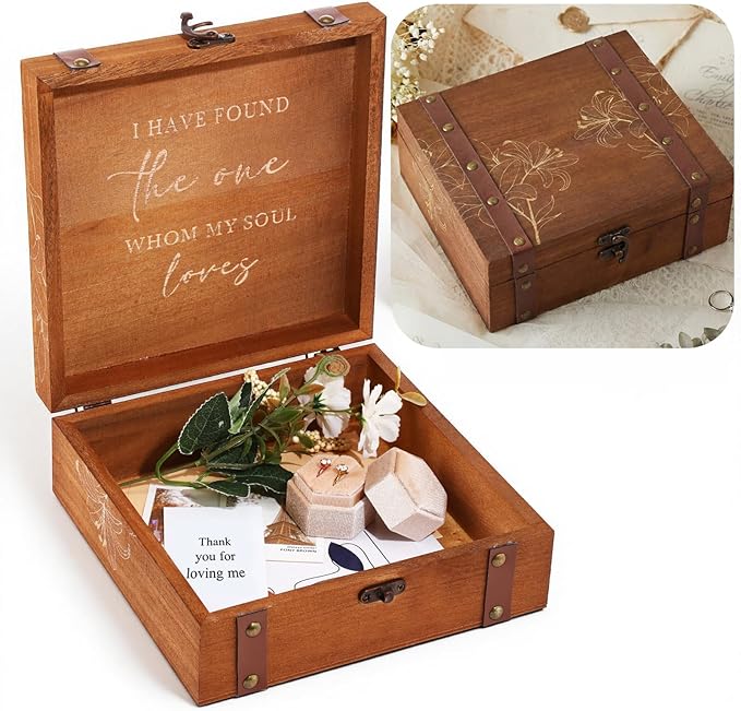 Teecyhooo Wedding Keepsake Box for Couples Mr and Mrs Wooden Memory Storage Boxes PU Leather Studs Rustic for Bride Groom ...