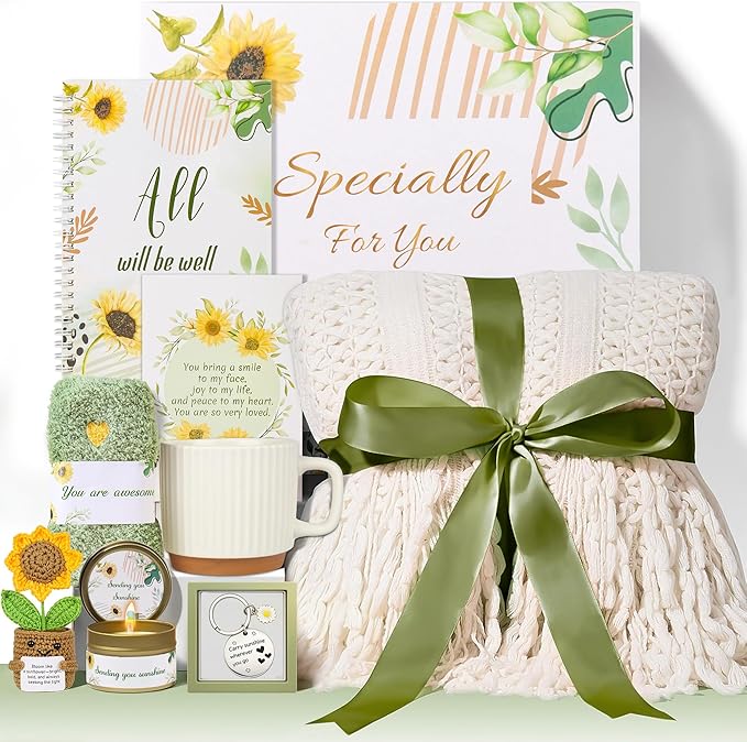 Mothers Day Gifts for Mom Grandma Wife - 9-Piece Sunflower Gift Basket with Blanket & Crochet Flower - Self Care Package, ...