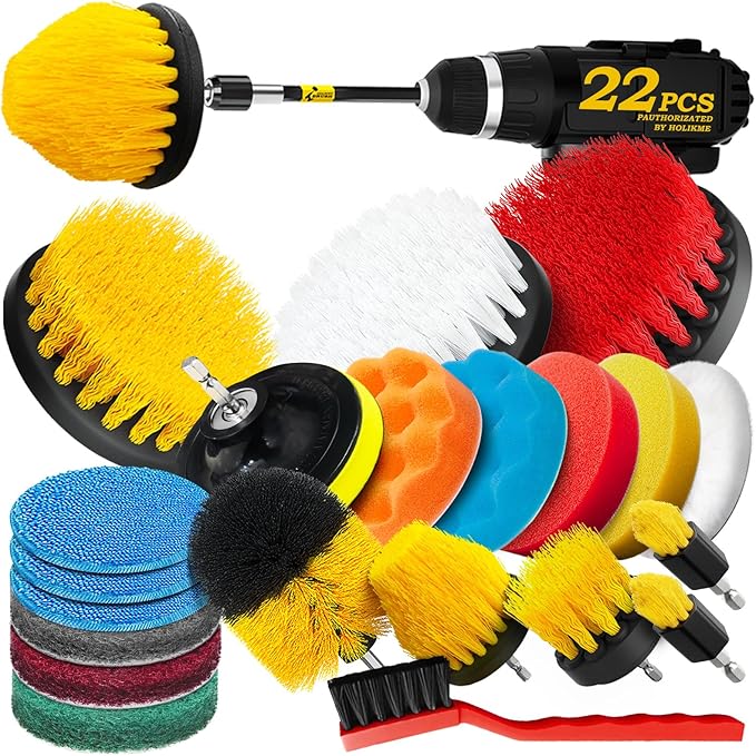 Holikme 22Pack Drill Brush Attachments Set,Scrub Pads & Sponge, Buffing Pads,Power Scrubber Brush,Car Polishing Pad Kit,Wa...