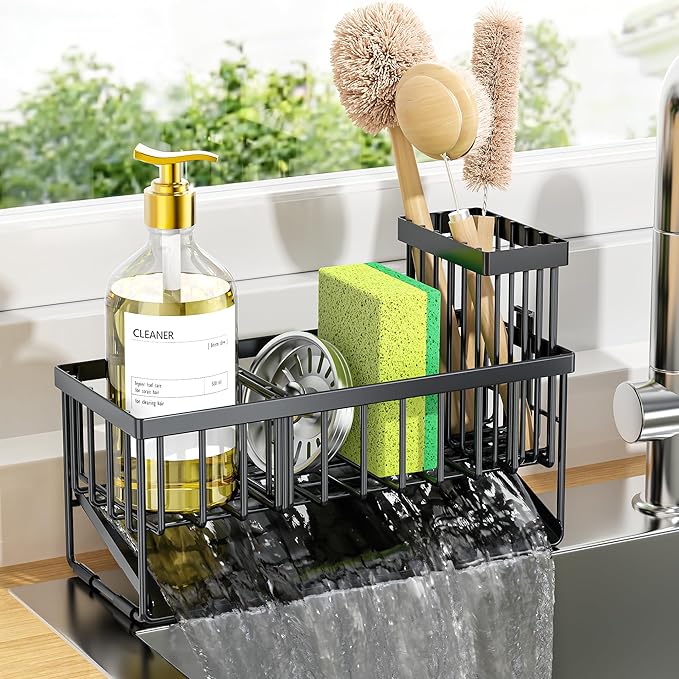 Cisily Sink Caddy Sponge Holder for Kitchen with Brush Holder and Stainless Steel Self Drain Tray, Rustproof Kitchen Sink ...