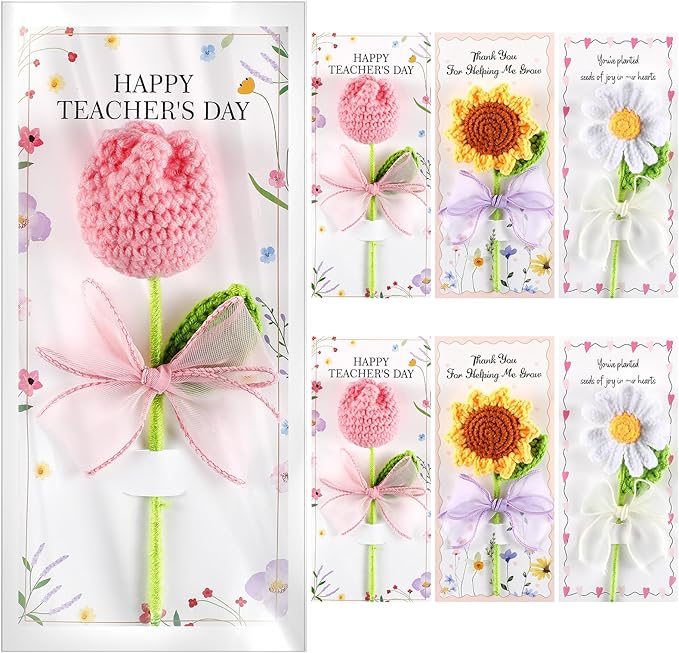 Frienda 6 Set Teacher Appreciation Gifts Crochet Flowers with Greeting Cards and Bows Knitted 5.91" Sunflowers Daisy Tulip...