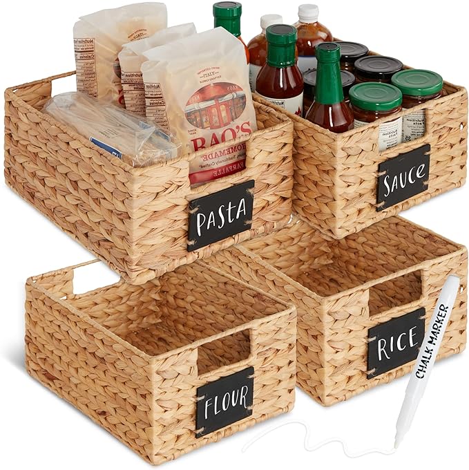 Best Choice Products Set of 4 9x12in Water Hyacinth Pantry Baskets, Woven Organizers w/Chalkboard Label, Chalk Marker - Na...
