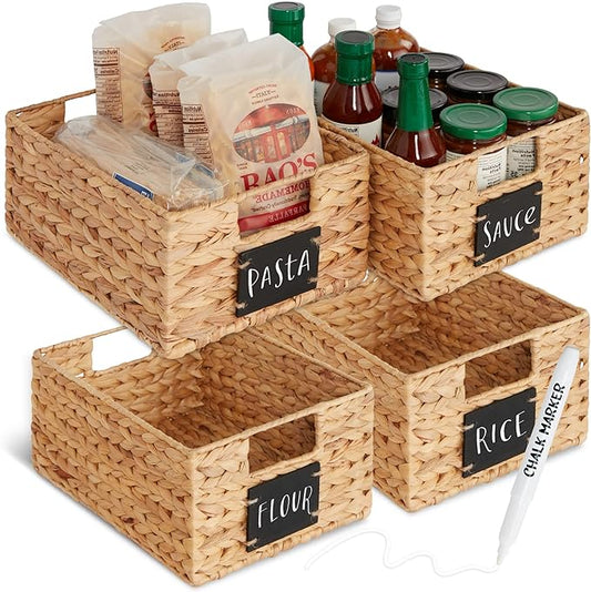 Best Choice Products Set of 4 9x12in Water Hyacinth Pantry Baskets, Woven Organizers w/Chalkboard Label, Chalk Marker - Na...