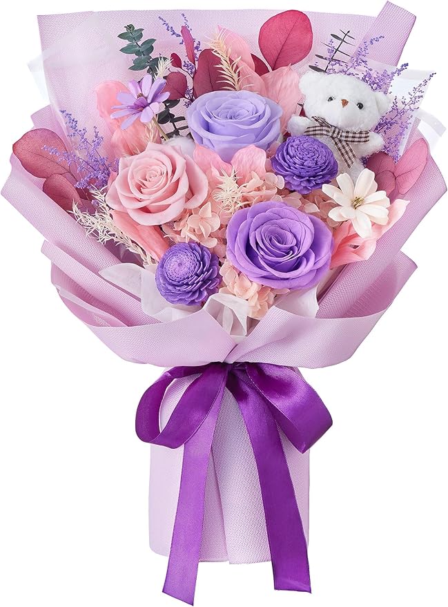 Polylove Preserved Flowers for Delivery Prime Forever Flowers Bouquet with Bear Flower Gift for Wife Women Birthday