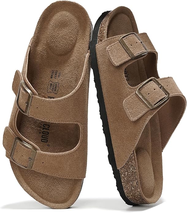 Project Cloud 100% Genuine Leather Flat Sandals For Women 2026 Cork Footbed Womens Sandals with Memory Foam and arch suppo...