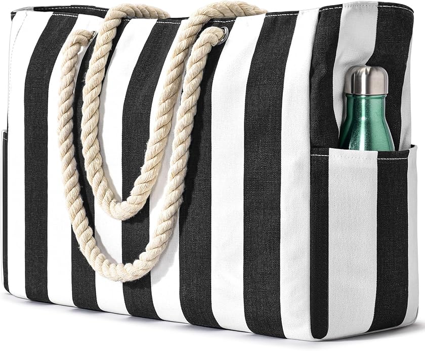 Becokan Women's Pool Swim Bag - Waterproof Sandproof Large Stripe Beach Tote with Zipper