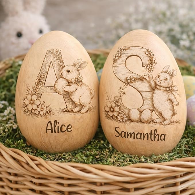 Personalized Wooden Easter Egg with Initial and Name, Custom Engraved Bunny & Floral Wood Egg, Unique Spring Holiday Gift ...