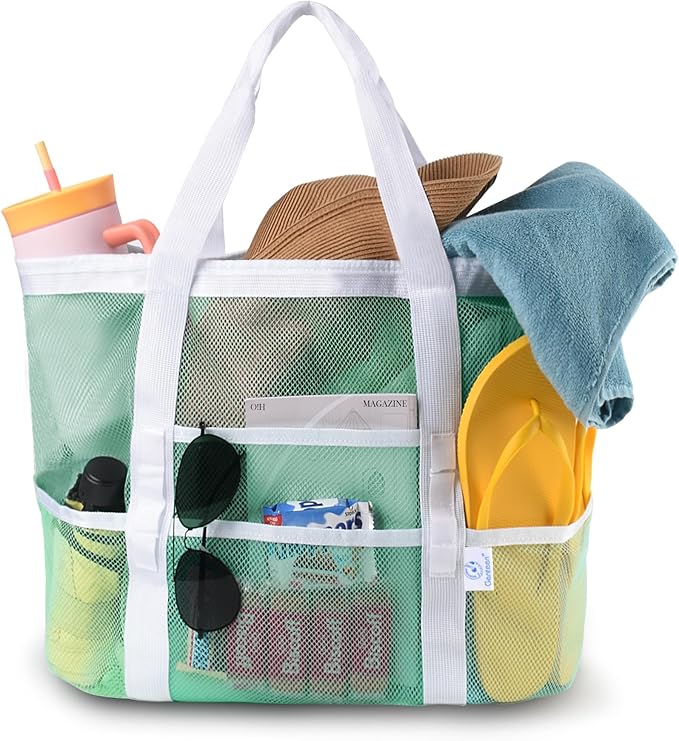 Genteen 40L Mesh Beach Bag, Foldable Sandproof Tote with Waterproof Pocket Quick Dry for Women Family Pool Vacation（White