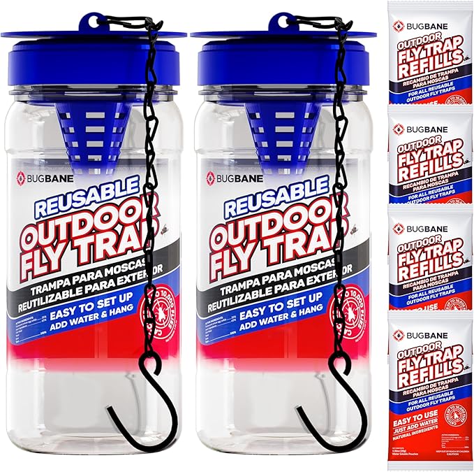 2 Fly Traps Outdoor Fly Trap for Patio with 4 Non-Toxic Dissolvable Bait Refills. Reusable Hanging Bug Catcher Killer for ...