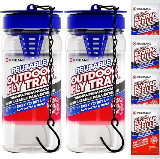 2 Fly Traps Outdoor Fly Trap for Patio with 4 Non-Toxic Dissolvable Bait Refills. Reusable Hanging Bug Catcher Killer for ...