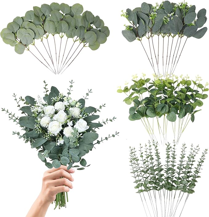 N MAGEAN Eucalyptus Leaves Stems 60 PCS, 4 Kinds Mixed Artificial Greenery Stems for Wedding Decor Vase Floral Arrangement...