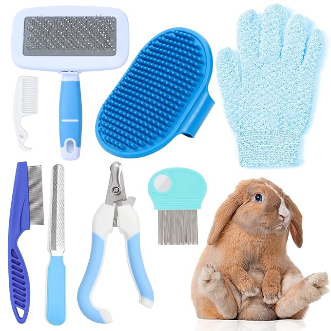 VCZONE Small Animal Grooming Set: Pet Nail Clipper & File, Flea Comb, Shampoo Brush, Shedding Slicker Brush, Massage Glov...