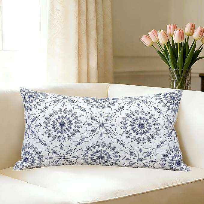 Slow Cow Embroidery Decorative Lumbar Throw Pillow Cover for Couch Sofa Bedroom Geometric Flower Pattern Cushion Cover 12 ...