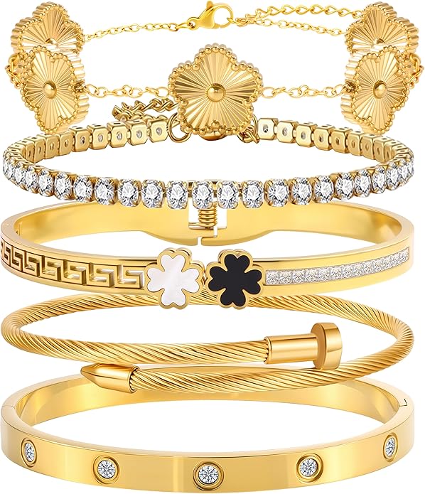 Camhanno 5pcs Gold Stackable Bracelet Set for Women - Stainless Steel Non-Tarnish Clover Lucky Charm Jewelry, Trendy Gift ...