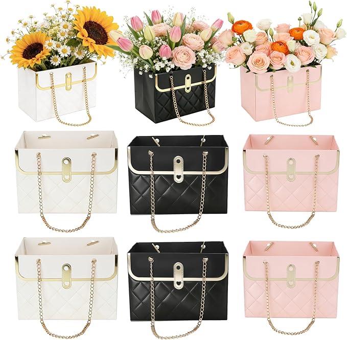 6 PCS Flower Paper Gift Box, Bouquet Storage Bucket Florist Handbag with Metal Chain Flower Bouquet Box Gift Wrap Bags Flo...