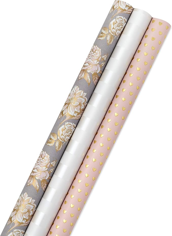 Hallmark Wedding Wrapping Paper Rolls - Gold Hearts, Rose Flowers, White Stripes Gift Wrap Paper (Set of 3 Rolls: 85 sq. f...