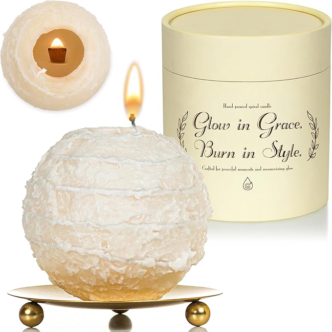 Spiral Candles Burn Around, Unscented Unique Shaped Candle on Metal Base, 4.5" Beige Beeswax Soy Wax Candle, 4h Burn, Twis...