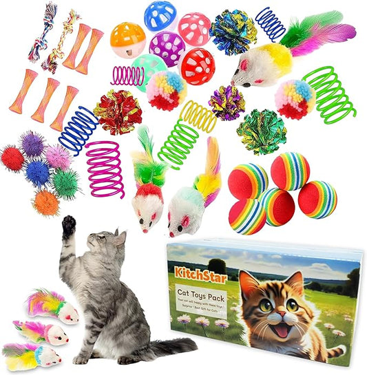KITCHSTAR 46 PCS Cat Toys for Indoor Cats, Kitten Toys with Cat Spring Toy, Mint Catnip with Crinkle Mouse Ball for Indoor...