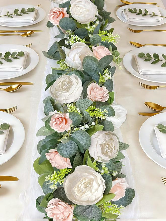 2 Pack 13Ft Artificial Eucalyptus Flower Garland with 16 White Peony Pink Rose, Baby Breath Fake Flowers Greenery Garland ...