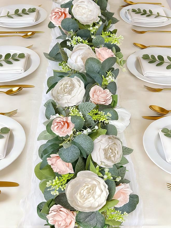 2 Pack 13Ft Artificial Eucalyptus Flower Garland with 16 White Peony Pink Rose, Baby Breath Fake Flowers Greenery Garland ...