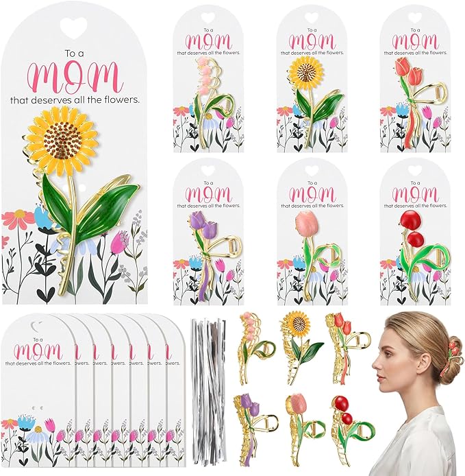 Yinkin 12 Sets Bulk Gift for Mother's Day Floral Metal Hair Clips with Thankful Greeting Cards Hair Clips for Women DIY Mo...