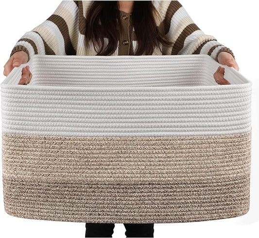 OIAHOMY Large Blanket Basket, 22”x17”x12” Rectangle Woven Baskets, Nursery Blanket Storage Living Room, Toy Storage With H...