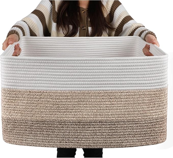 OIAHOMY Large Blanket Basket, 22”x17”x12” Rectangle Woven Baskets, Nursery Blanket Storage Living Room, Toy Storage With H...