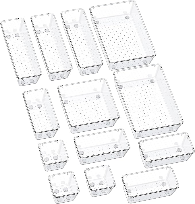 SMARTAKE 13-Piece Drawer Organizers with Non-Slip Silicone Pads, 5-Size Desk Bathroom Drawer Organizer Trays Storage Tray ...