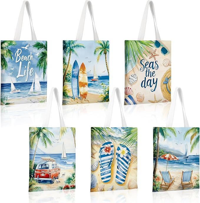 Bencailor 6 Beach Canvas Totes Bags Bulk 15 x 13 Inches Hawaii Gifts Summer Tote Bags Reusable Grocery Handbags for Women ...