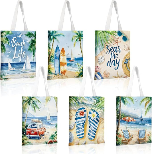 Bencailor 6 Beach Canvas Totes Bags Bulk 15 x 13 Inches Hawaii Gifts Summer Tote Bags Reusable Grocery Handbags for Women ...