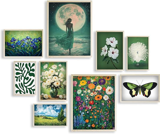 Eastern Print Eclectic Green Wall Art, Set Of 9 Pcs Unframed Posters, Vintage Room Decor Coquette, Green Painting Home Dec...