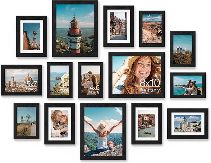 Vittanly 15 Pack Picture Frames Collage Wall Decor for Mounting or Tabletop Display, Gallery Frame Set for Family, Multi S...