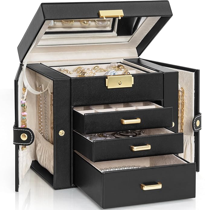 AKOZLIN 4-Tier Jewelry Box Leather Jewelry Storage Organizer with 3 Drawers Lockable for Women Girls Ring Necklace Earring...