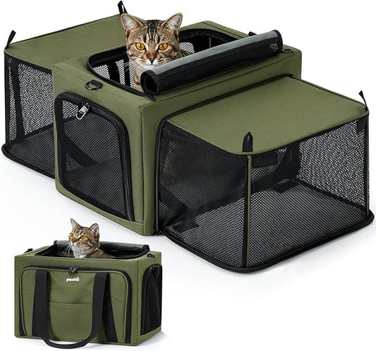 Pecute Cat Carrier Expandable, Stable Pet Carrier with 5mm Thick Steel Wire Frame, Dual-Side 200% Larger Space, Car Travel...