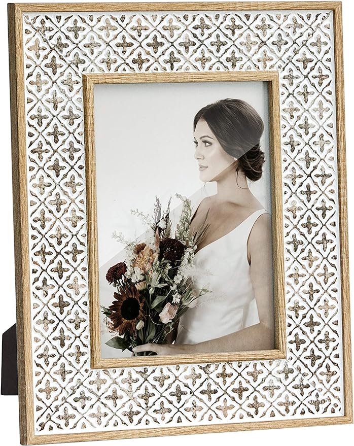 Afuly 5x7 Picture Frame Boho Picture Frames 3D Cross Pattern Distressed Moroccan Photo Frame Wall Desk Bohemia Home Office...