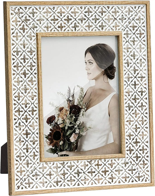 Afuly 5x7 Picture Frame Boho Picture Frames 3D Cross Pattern Distressed Moroccan Photo Frame Wall Desk Bohemia Home Office...