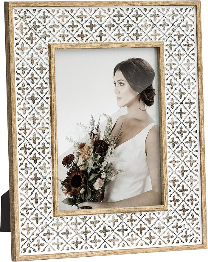 Afuly 5x7 Picture Frame Boho Picture Frames 3D Cross Pattern Distressed Moroccan Photo Frame Wall Desk Bohemia Home Office...