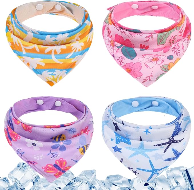PAWCHIE Dog Cooling Bandana Small, 4 Packs Ice Cool Pet Triangle Scarf Bibs Reversible Styles, Summer Adjustable with Two ...