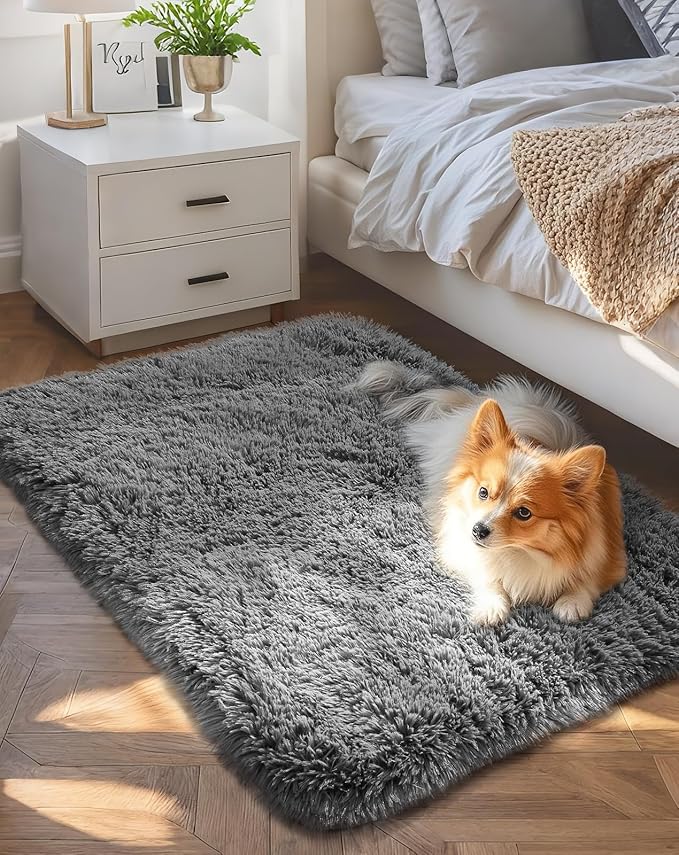 Ophanie Small Rug Upgrade Non Slip Throw Bedside Area Rugs, Fluffy Soft Grey Mini Bedroom Carpet, Affordable Door Entryway...