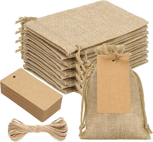 joycraft 24Pcs Burlap Gift Bags - 4x6In Drawstring Linen Pouches with Tags, Small Burlap Favor Bags for Jewelry, Candy, Ch...