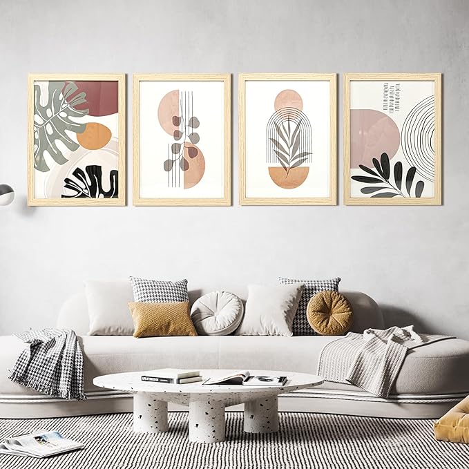 Art3d Framed Boho Wall Art Set of 4 for Wood Aesthetic Wall Decor for Living room Kitchen Hallway Bedroom, Neutral Botanic...